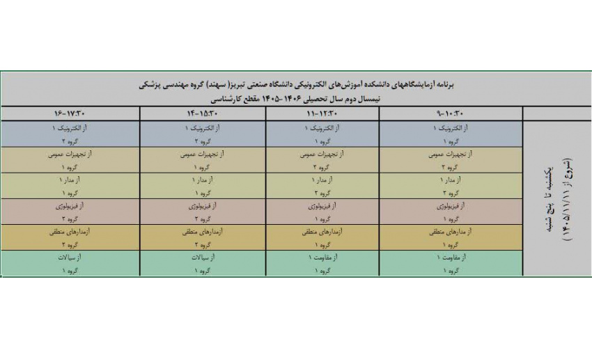 برنامه و زمانبندی آزمایشگاه های رشته مهندسی پزشکی برای نیمسال اول 1405