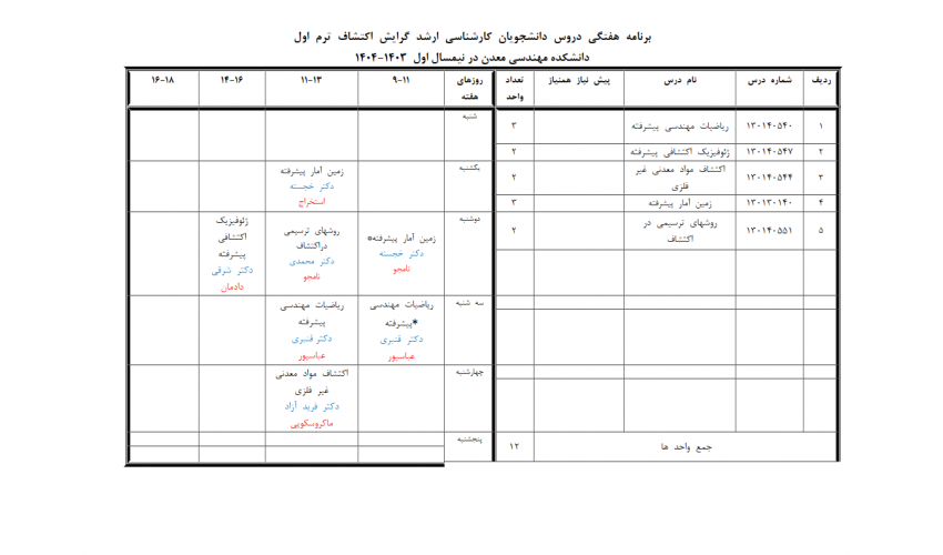 برنامه آموزشی ارشد (نیمسال اول) ۱۴۰۴ - ۱۴۰۳