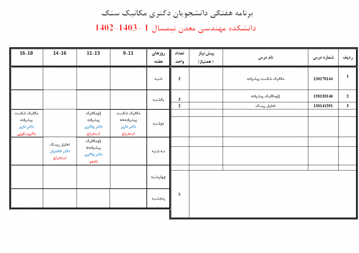برنامه آموزشی دکتری (نیمسال اول) ۱۴۰۴ - ۱۴۰۳